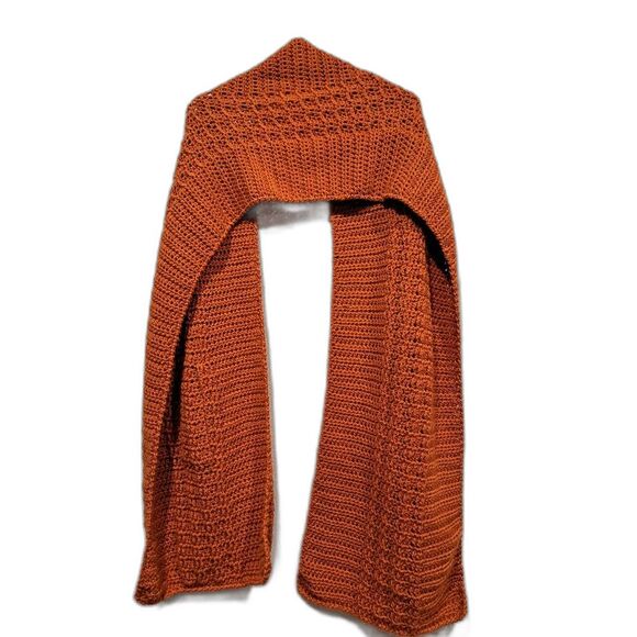 Handmade crocheted scarf, burnt orange color, with opening to secure scarf, 93" - Picture 2 of 8
